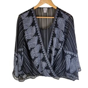 Chicos Womens 12 Black & White‎ Paisley Striped Sheer Blouse Top Office Career